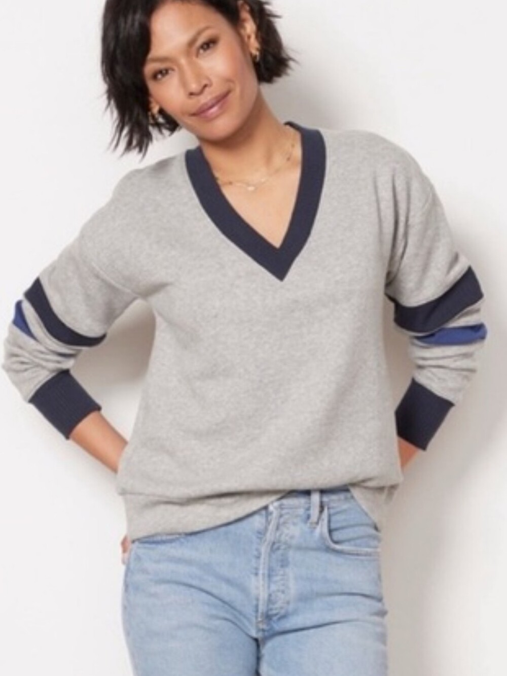 Evereve Varsity Elana V Neck Terry Cloth Sweatshirt Size Small Gray Blue